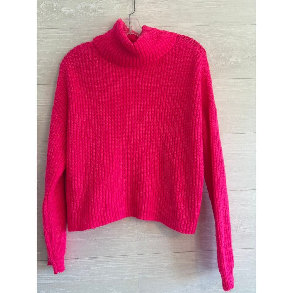 Neon Hot Pink Knit Pullover Turtleneck Sweater